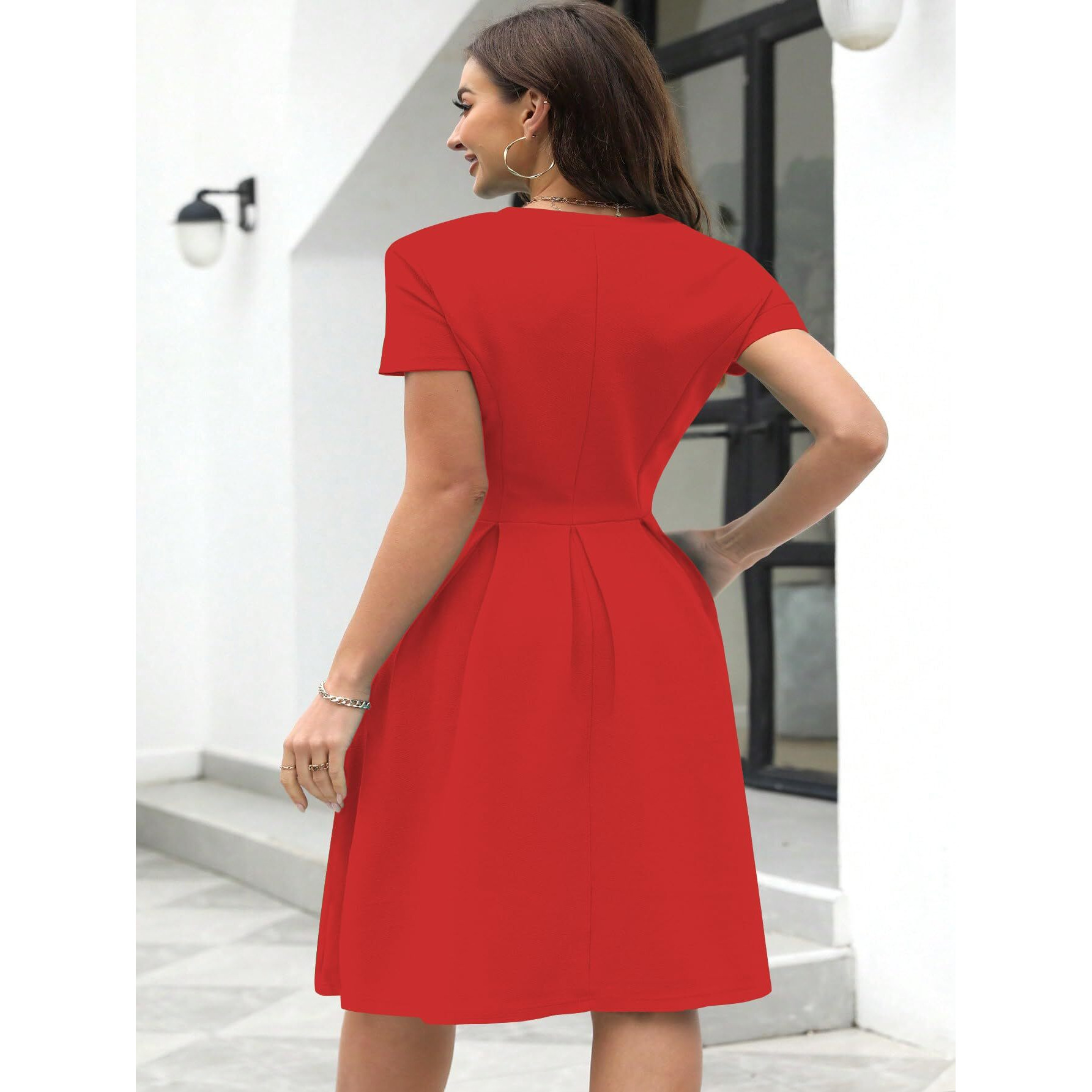 Shasmi Girl's & Women's Solid Red Color Solid Slant Pocket Fold Pleated, Women Cocktail Party Vintage Style With Pockets Big Swing Simple Retro Dress (Dress 166 Red-S)