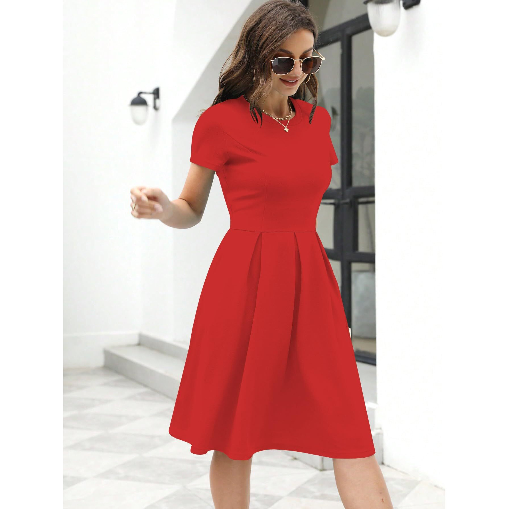 Shasmi Girl's & Women's Solid Red Color Solid Slant Pocket Fold Pleated, Women Cocktail Party Vintage Style With Pockets Big Swing Simple Retro Dress (Dress 166 Red-S)