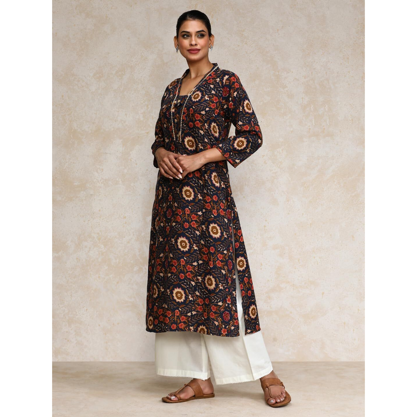 Varanga Women Ethnic Jaipuri Printed V Neck A-Line Kurta Blue