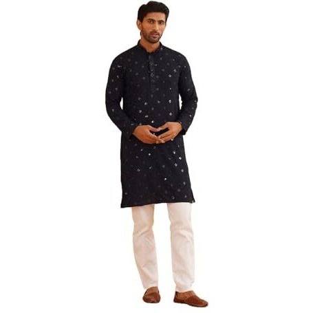 Sojanya (Since 1958 Men's Cotton Embroidered Sequinned Navy Kurta With White Churidaar Pyjama