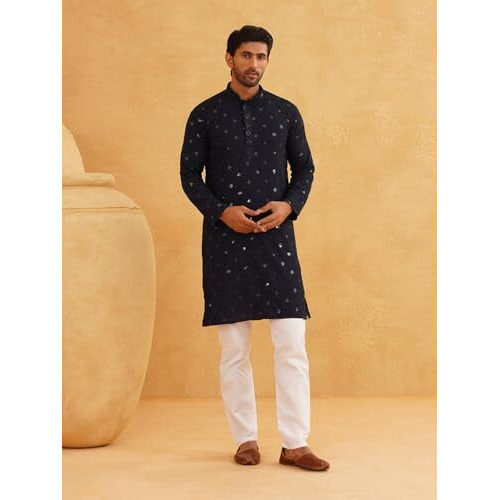 Sojanya (Since 1958 Men's Cotton Embroidered Sequinned Navy Kurta With White Churidaar Pyjama