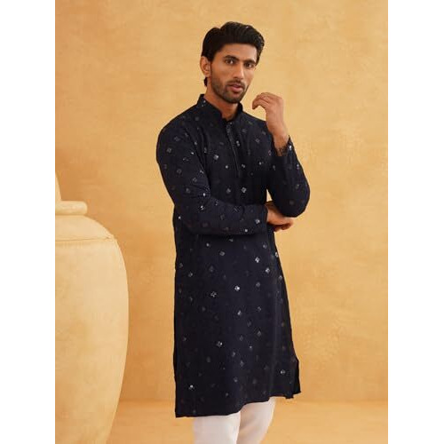 Sojanya (Since 1958 Men's Cotton Embroidered Sequinned Navy Kurta With White Churidaar Pyjama