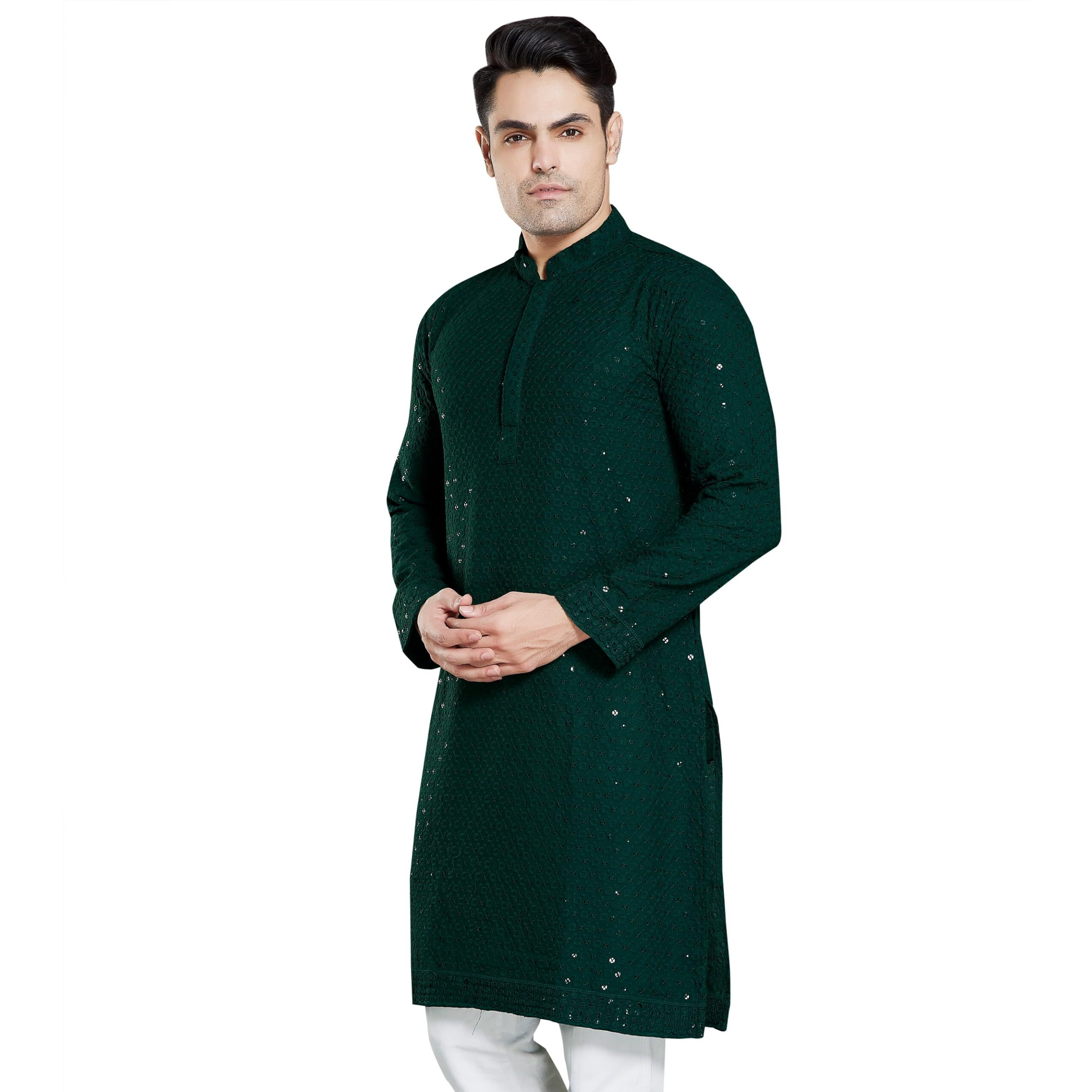 Divisive Men's Sequince Embroidered Cotton Blend Only Slim Fit Kurta (Dkrt18_5Xl_Bottle Green)