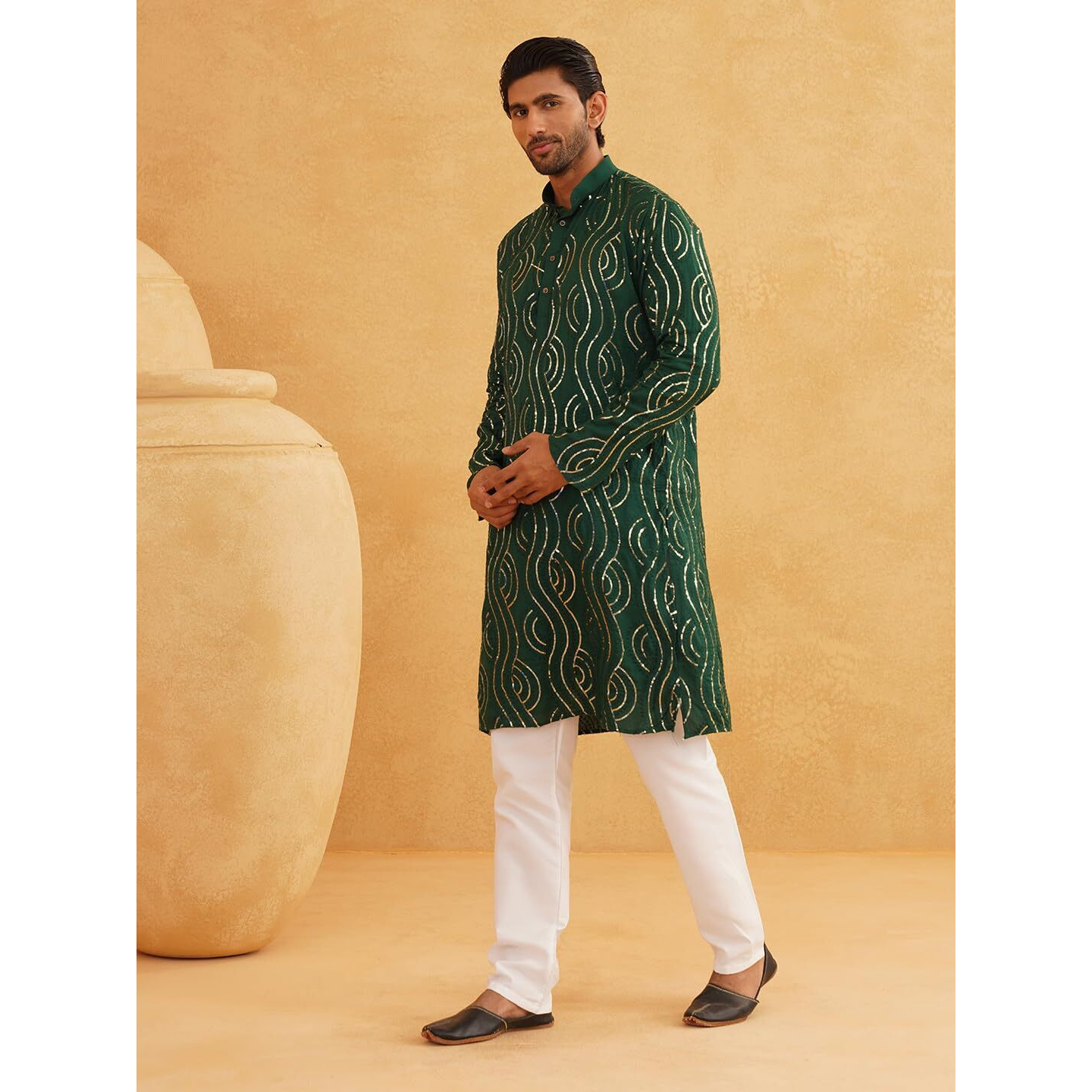 Sojanya (Since 1958 Men's Embroidered Sequinned Cotton Dark Green Long Kurta