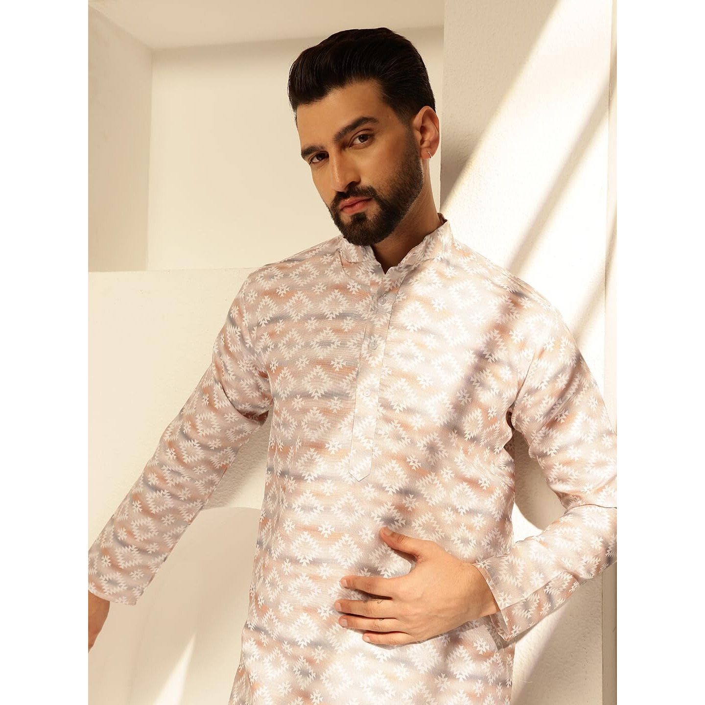 Sojanya (Since 1958 Men's Cotton Linen Self Design Beige Long Kurta
