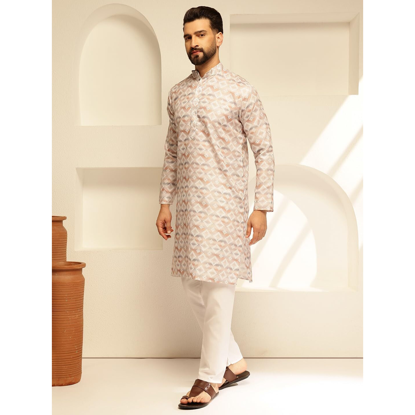 Sojanya (Since 1958 Men's Cotton Linen Self Design Beige Long Kurta