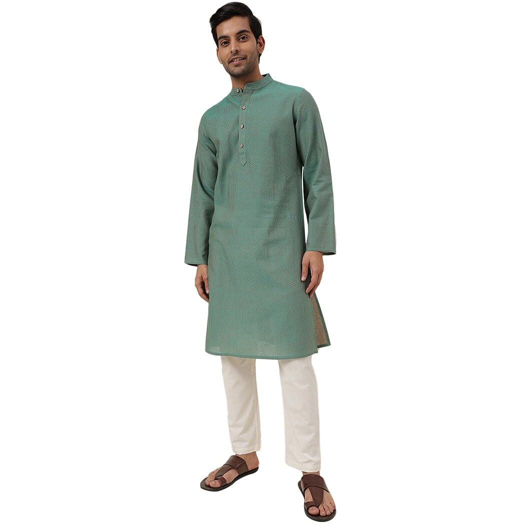 Fabindia Men's Cotton Self Design Slim Kurta (1030819Green_Green