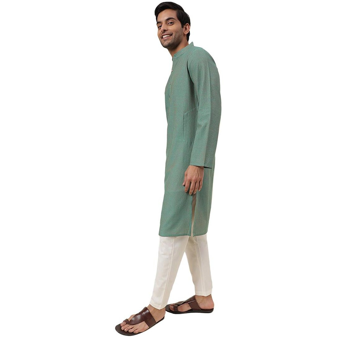 Fabindia Men's Cotton Self Design Slim Kurta (1030819Green_Green