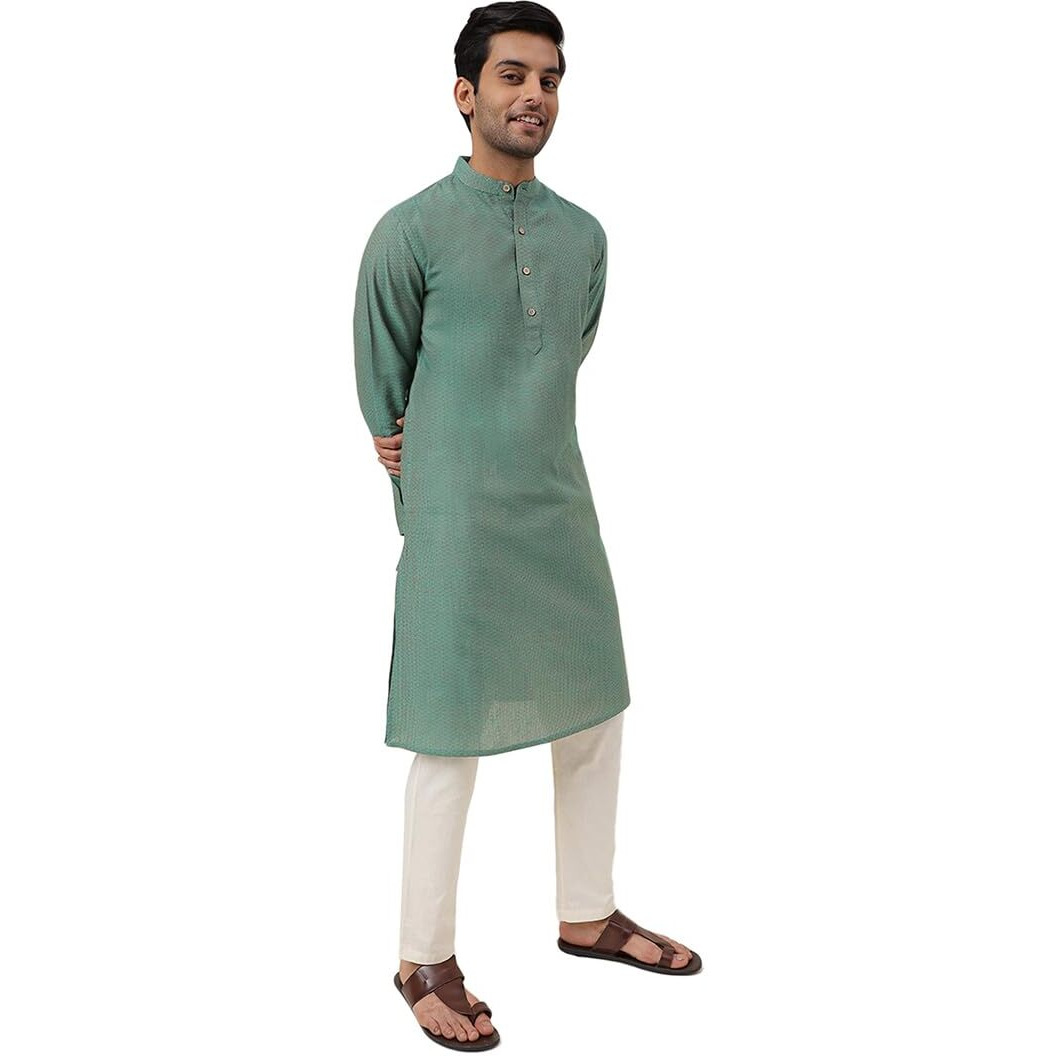 Fabindia Men's Cotton Self Design Slim Kurta (1030819Green_Green