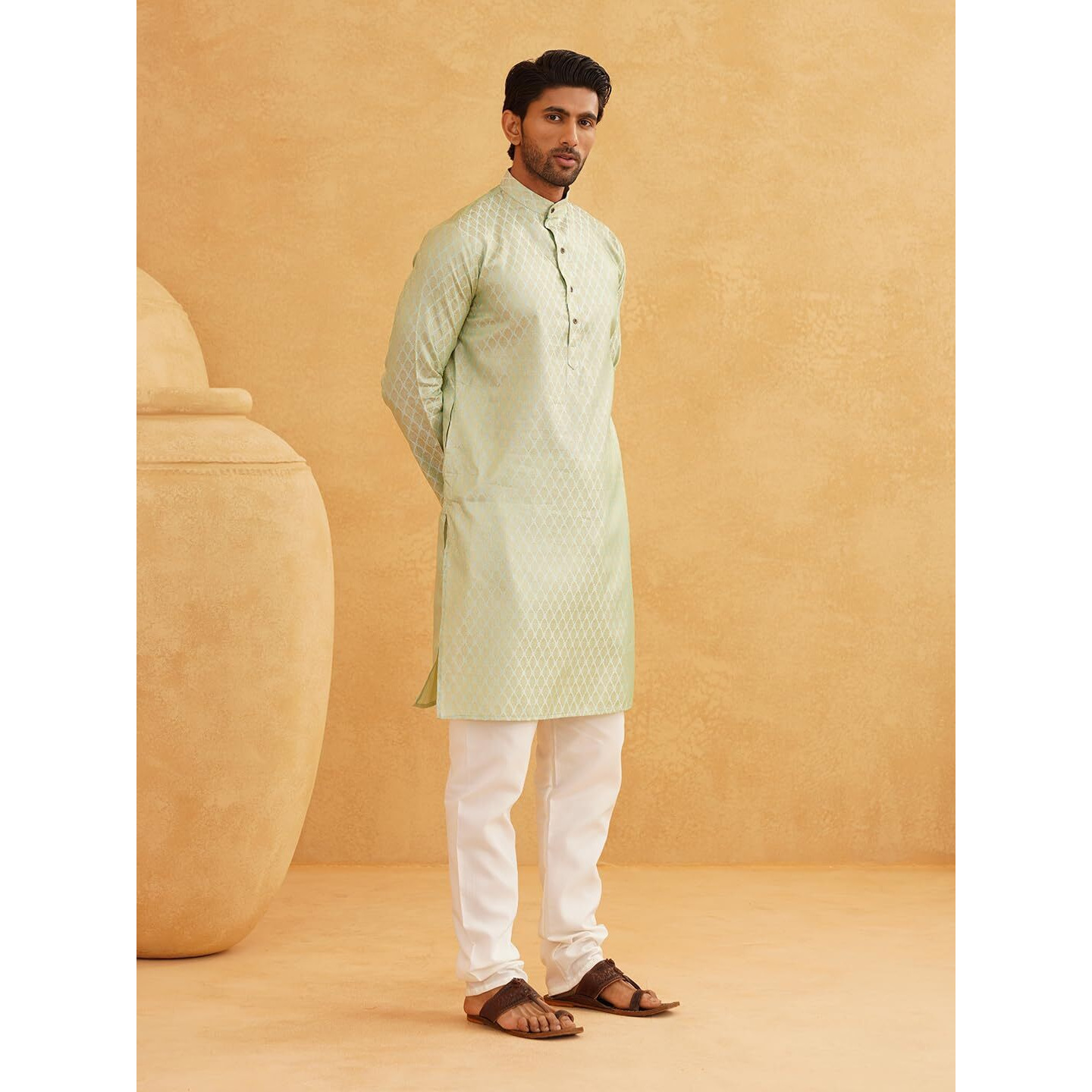 Sojanya (Since 1958 Men's Silk Blend Pista Green Self Design Kurta & Off-White Churidar Pyjama Set