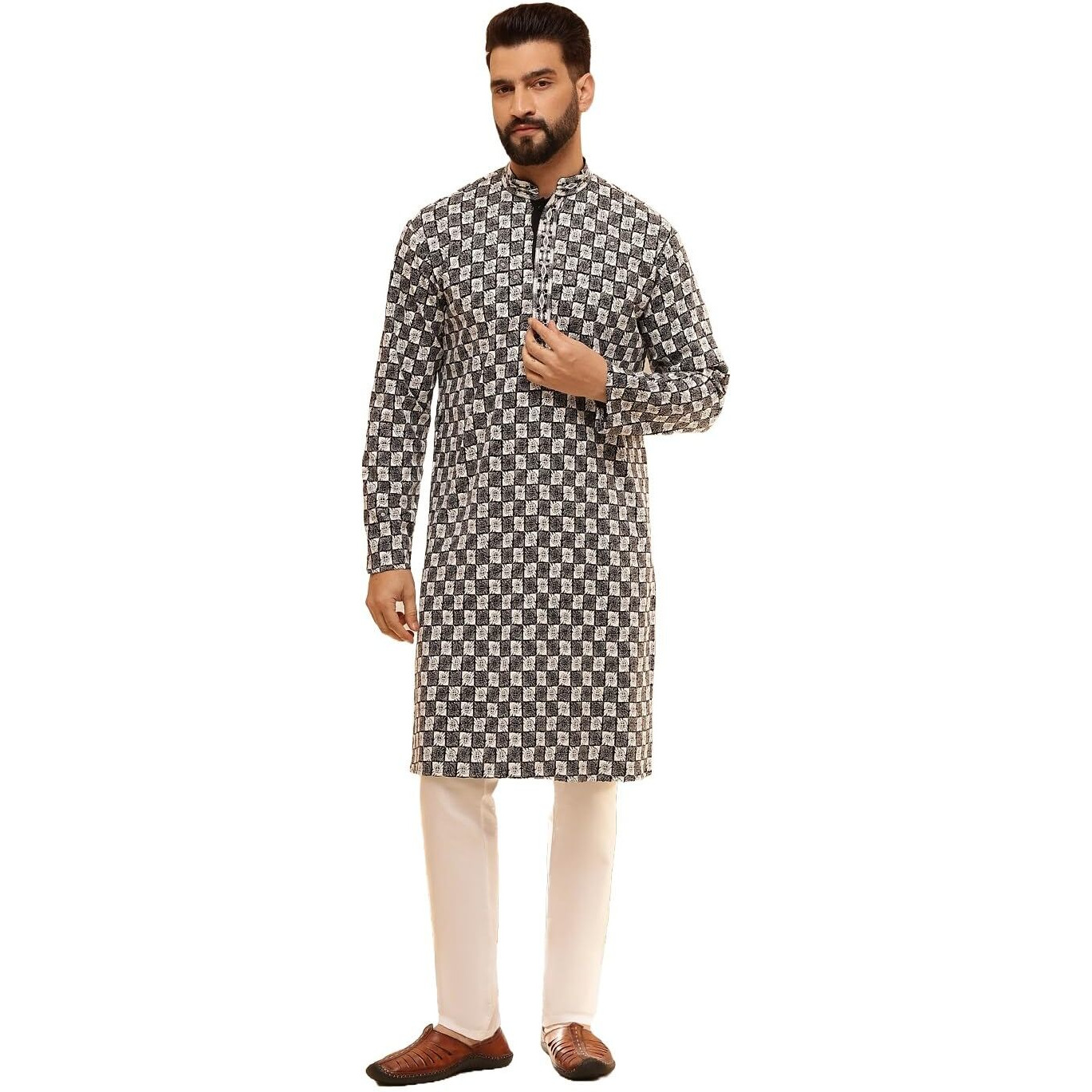 Sojanya (Since 1958 Men's Cotton Rayon Embroidered Sequinned Black Kurta With White Pyjama