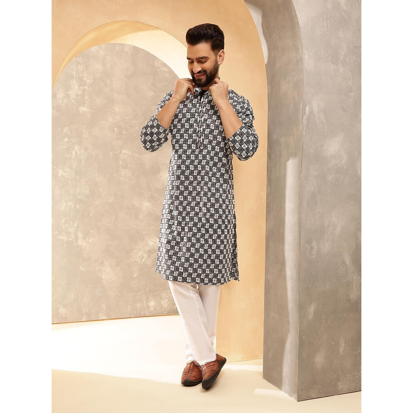 Sojanya (Since 1958 Men's Cotton Rayon Embroidered Sequinned Black Kurta With White Pyjama