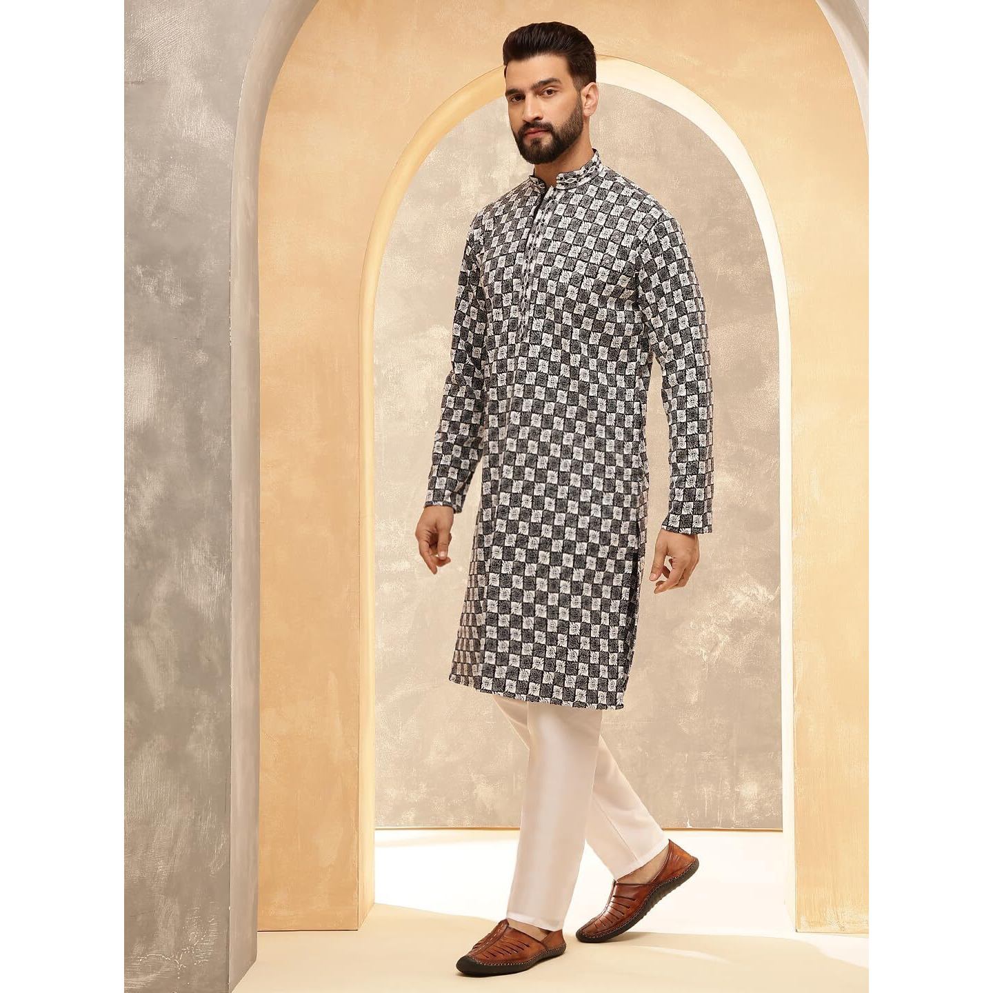 Sojanya (Since 1958 Men's Cotton Rayon Embroidered Sequinned Black Kurta With White Pyjama