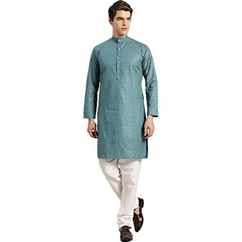 Sojanya (Since 1958 Men's Cotton Linen Peackok Blue Foil Printed Kurta And White Pyjama Set