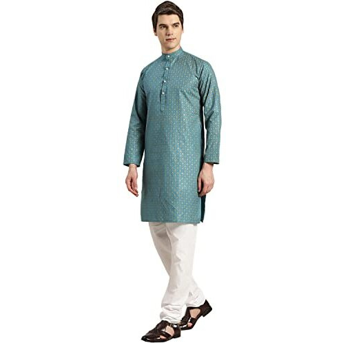 Sojanya (Since 1958 Men's Cotton Linen Peackok Blue Foil Printed Kurta And White Pyjama Set
