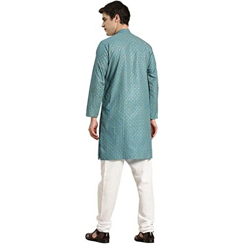 Sojanya (Since 1958 Men's Cotton Linen Peackok Blue Foil Printed Kurta And White Pyjama Set