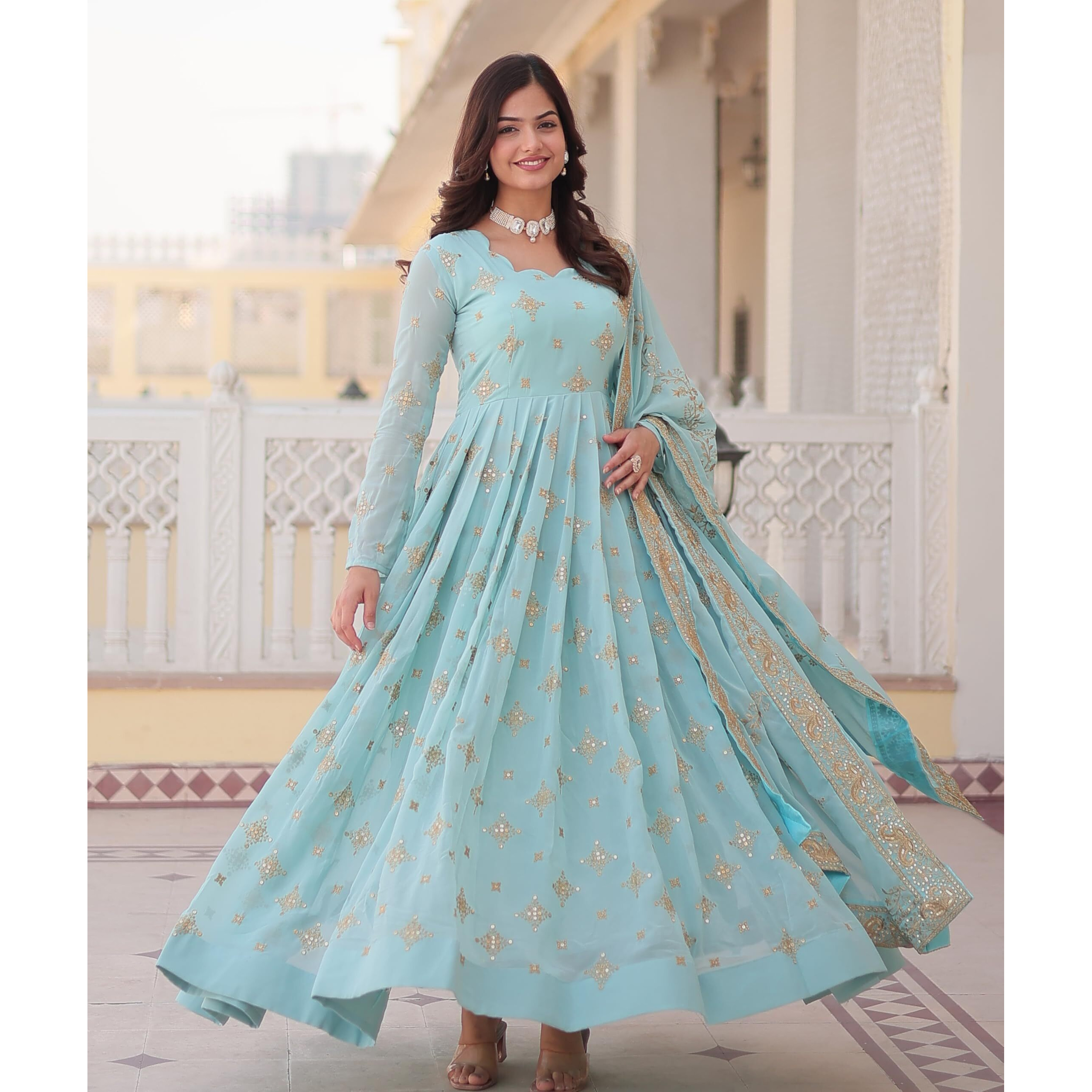 Fashion Basket Havy Georgette Embroidered Anarkali Dress For Women Sky Blue