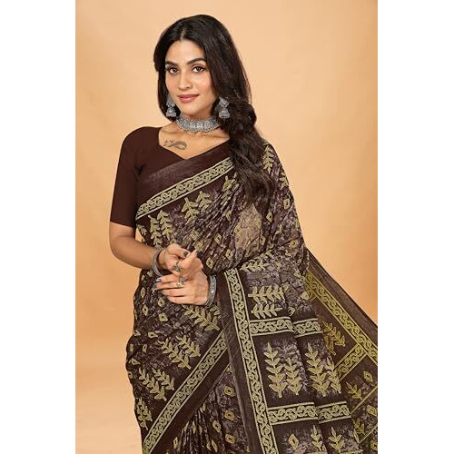Tamaira Fashion Women's Jaipuri Hand Block Printed Pure Cotton Mulmul Saree Without Blouse Piece(11615_Grey)