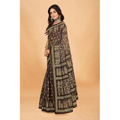 Tamaira Fashion Women's Jaipuri Hand Block Printed Pure Cotton Mulmul Saree Without Blouse Piece(11615_Grey)