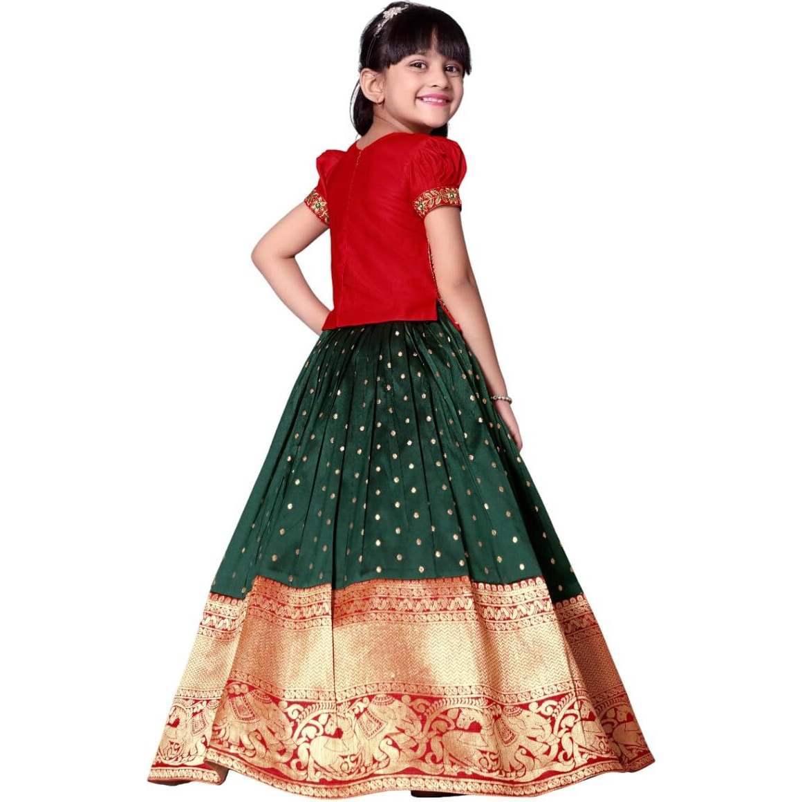 White Button Girl's Pattu Pavadai Readymade Lehenga Choli For Girls Dress