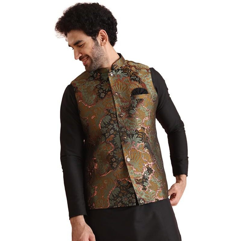 Kisah Mens Nehru Jacket|Silk Blend Fabric Semi-Casual Waistcoat Jacquard Pattern Mens Ethnic Wear|Regular Fit Mandarin Collar Sleeveless, Sage Green, 42
