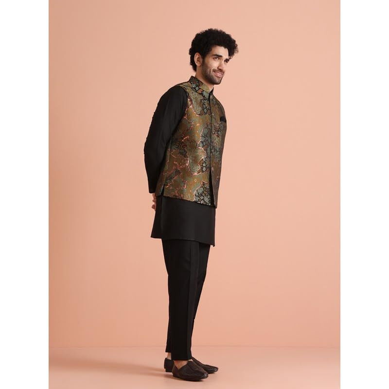 Kisah Mens Nehru Jacket|Silk Blend Fabric Semi-Casual Waistcoat Jacquard Pattern Mens Ethnic Wear|Regular Fit Mandarin Collar Sleeveless, Sage Green, 42