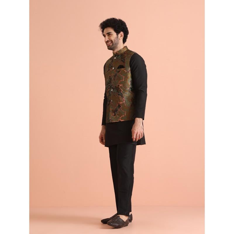 Kisah Mens Nehru Jacket|Silk Blend Fabric Semi-Casual Waistcoat Jacquard Pattern Mens Ethnic Wear|Regular Fit Mandarin Collar Sleeveless, Sage Green, 42