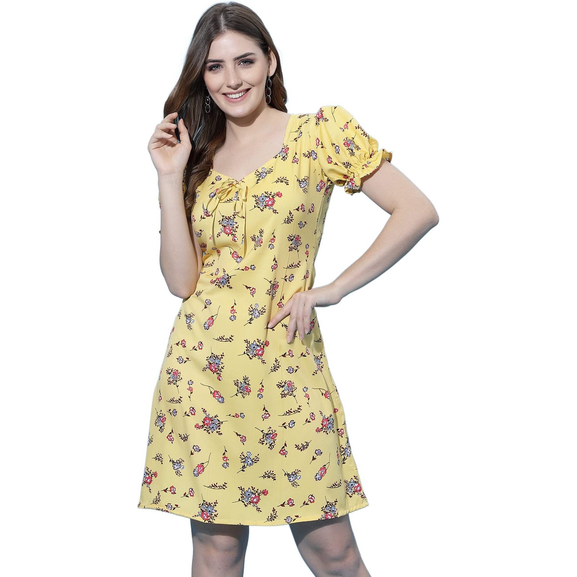 Oomph Women's Mini/Short A-Line Yellow Dress In Crepe Fabric With Sweetheart Neck And Puff Sleeves - Md493M