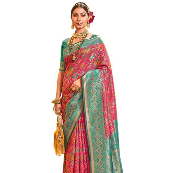 Flosive Women's Kanjivaram Mix Color Sona Chandi Silk Saree With Blouse (Pink)