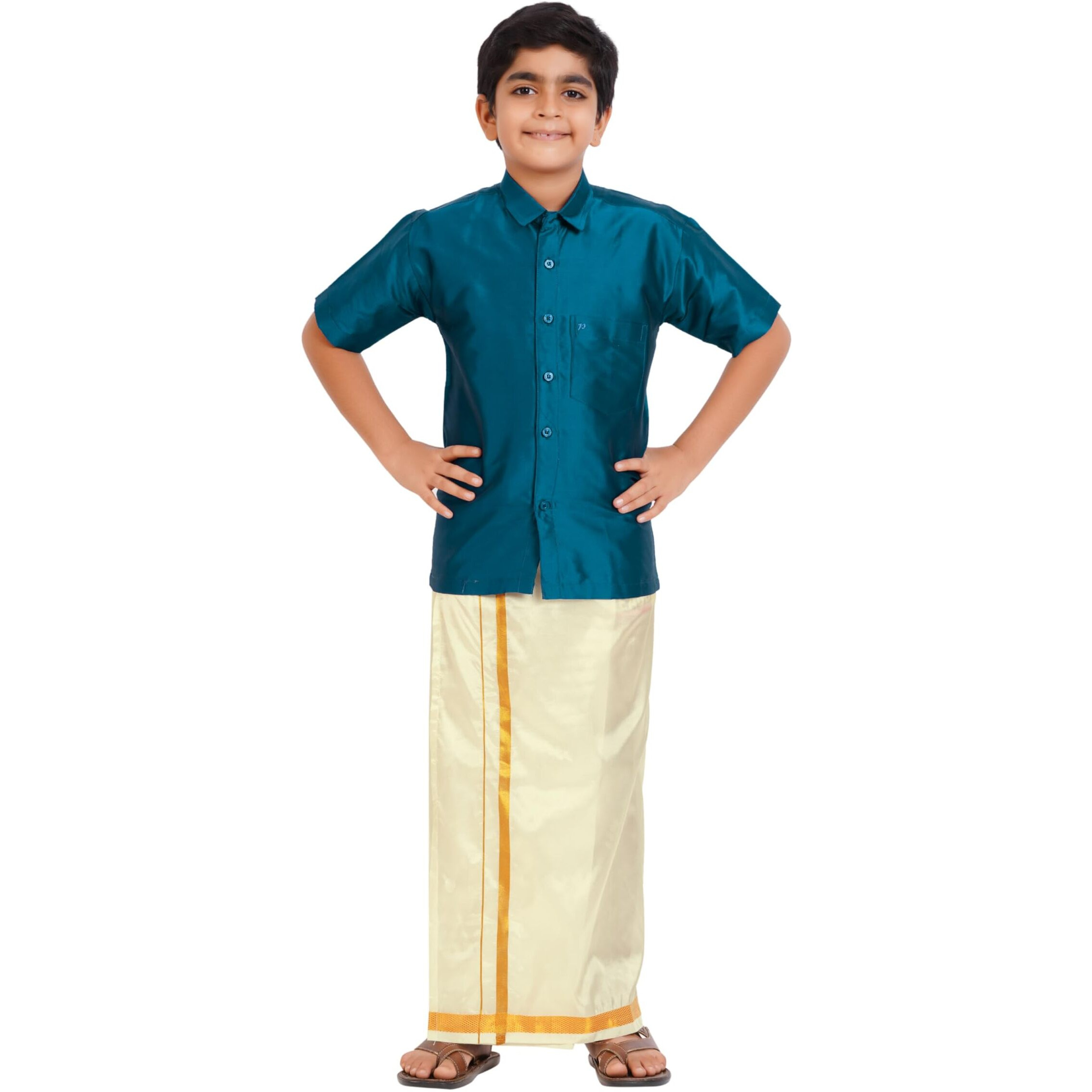 Prakasam Cotton- Art Silk Traditional Boys Dhoti Set, Shirt With Cream Dhoti, Gold Border, Short Sleeve (1-2 Years, Turquoise Blue)