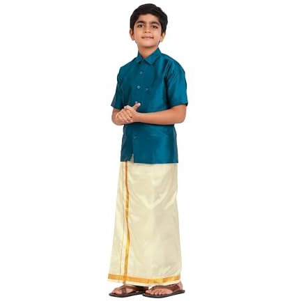 Prakasam Cotton- Art Silk Traditional Boys Dhoti Set, Shirt With Cream Dhoti, Gold Border, Short Sleeve (1-2 Years, Turquoise Blue)