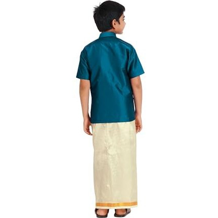 Prakasam Cotton- Art Silk Traditional Boys Dhoti Set, Shirt With Cream Dhoti, Gold Border, Short Sleeve (1-2 Years, Turquoise Blue)