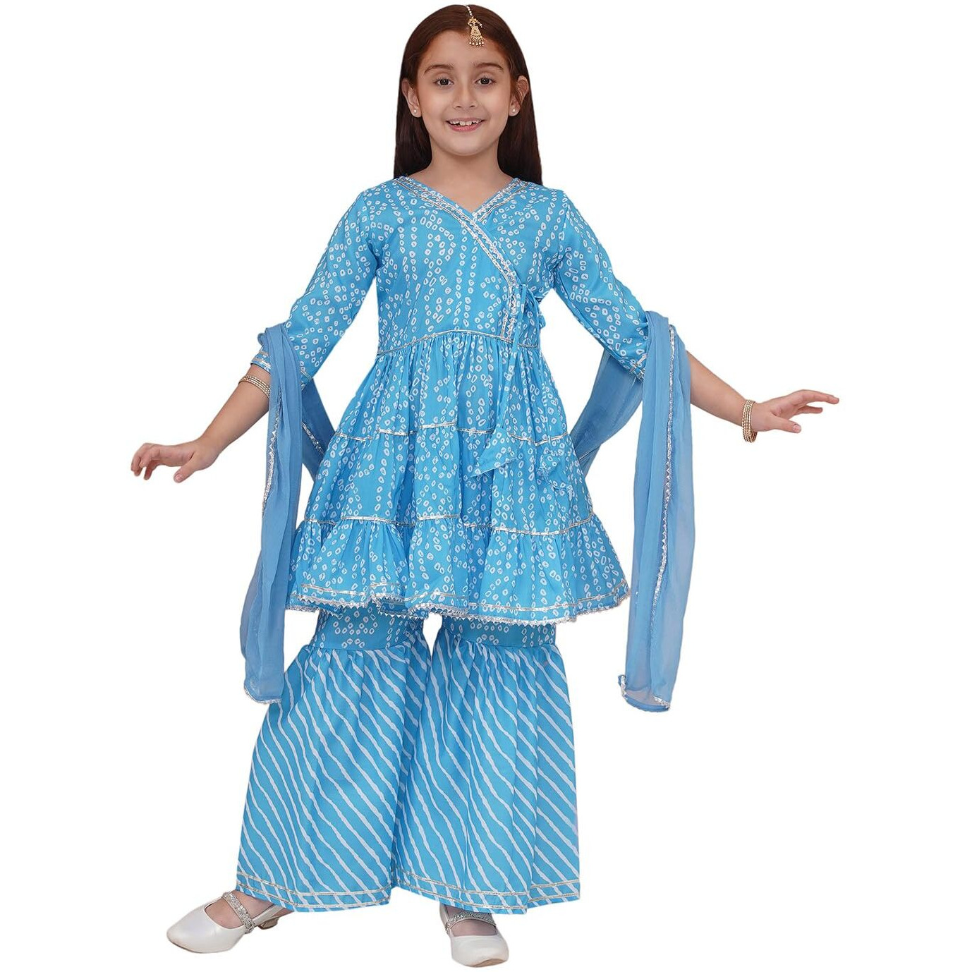 Preneum Girls's Cotton Rayon Bandhani & Lahariya Printed Angrakha Kurta With Sharara & Dupatta, Blue, 15-16 Years