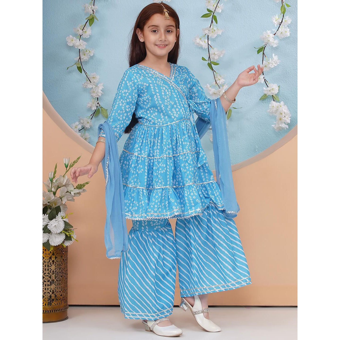 Preneum Girls's Cotton Rayon Bandhani & Lahariya Printed Angrakha Kurta With Sharara & Dupatta, Blue, 15-16 Years