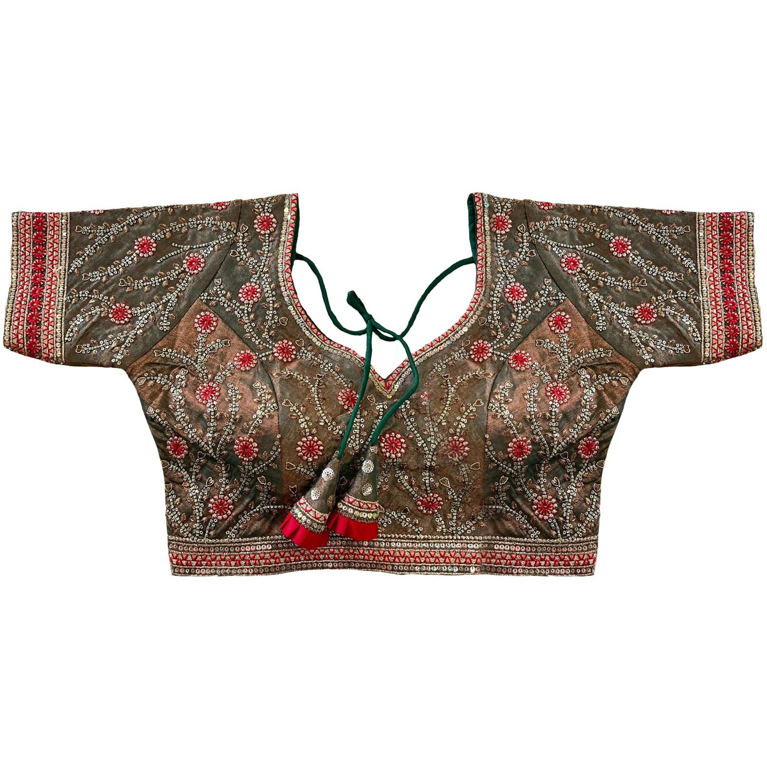 Pujia Mills Women's Milan Silk Embroidered With Sequins Work Half Sleeve Blouse (Indra Bottle Green 42)