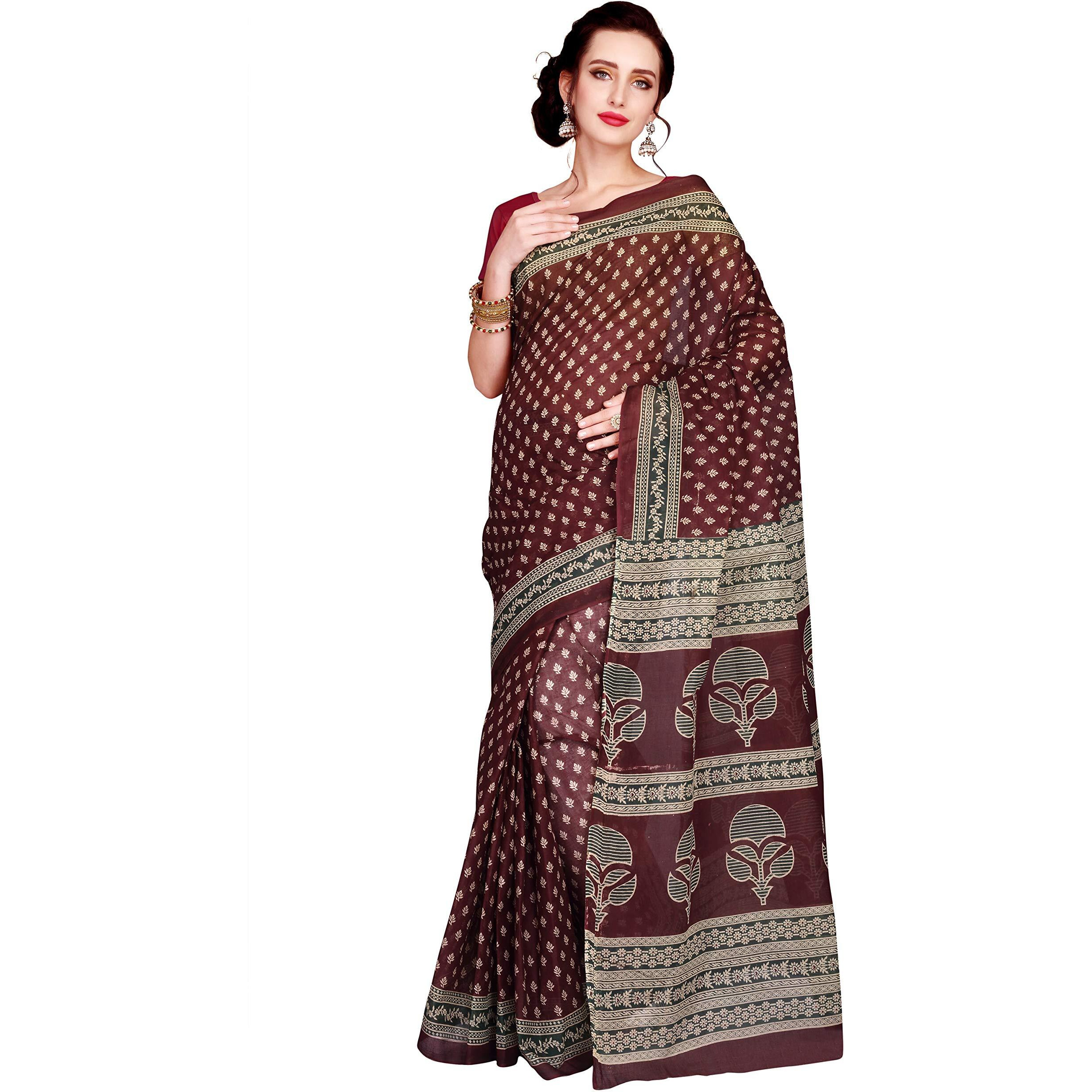 Rani Saahiba Women's Pure Cotton Printed Saree Without Blouse Piece (Skr5339_Maroon)