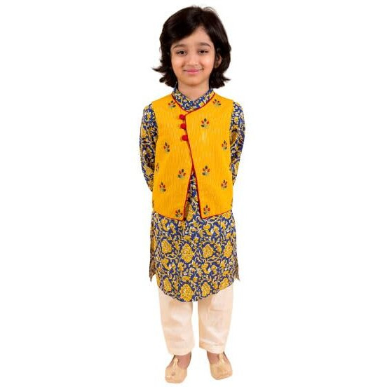 Pspeaches Boys Navy Blue Floral Printed Pure Cotton Kurta With Pyjamas