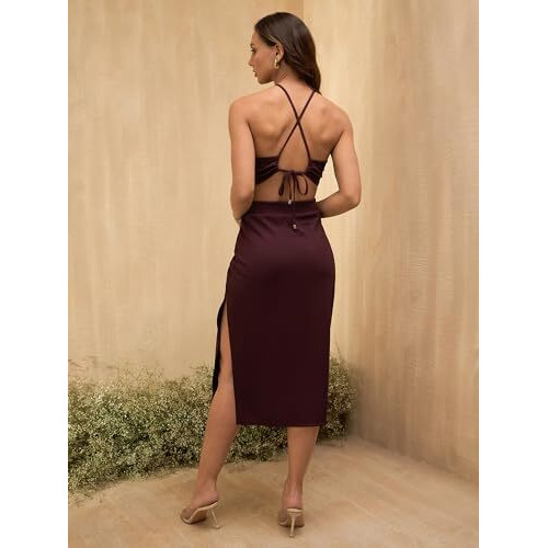 Rare Women's Spandex Bodycon Mid-Calf Length Casual Dress (Ep8136A_Wine_S)