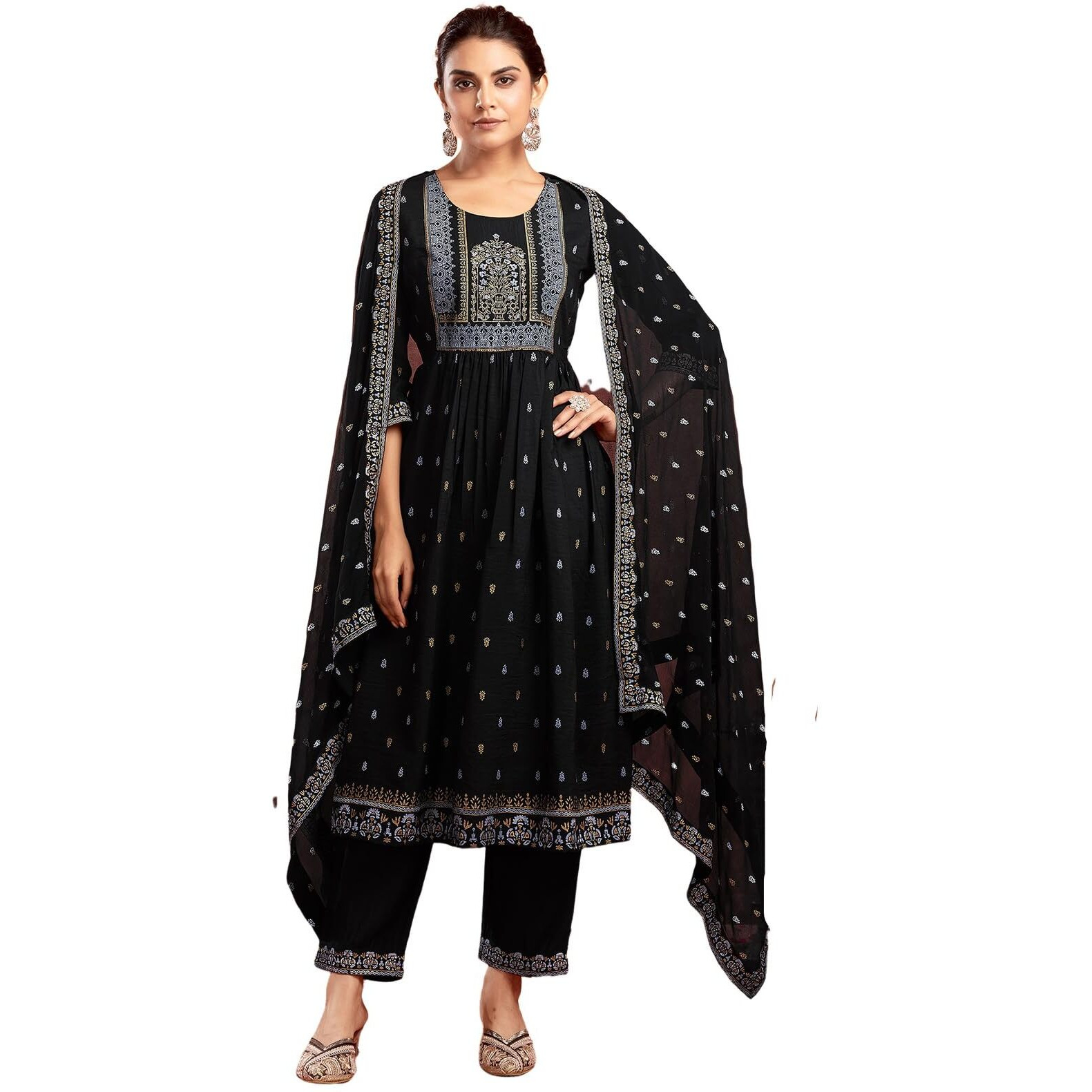 Sanisa Women's Chinnon Pigment & Foil Printed Anarkali Kurta With Pant And Dupatta Set (66Kbd756N-Xl_Black)