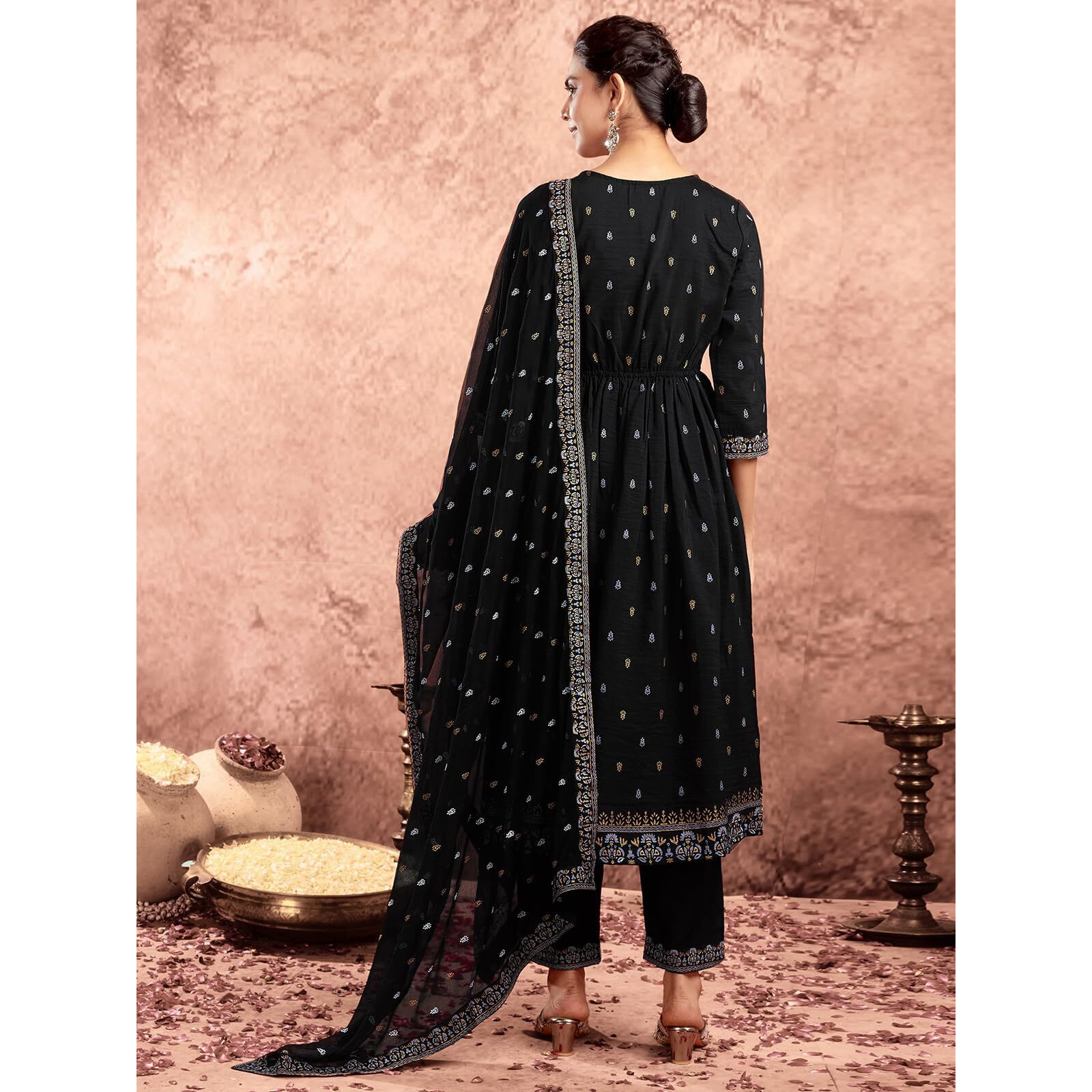 Sanisa Women's Chinnon Pigment & Foil Printed Anarkali Kurta With Pant And Dupatta Set (66Kbd756N-Xl_Black)