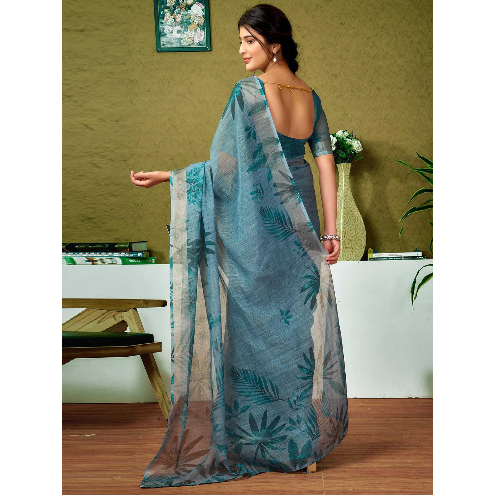 Satrani Women's Linen Printed & Zari Border Ready To Wear One Minute Pre Pleated Readymade Saree With Unstitched Blouse Piece (35Rs332N_Teal Blue)