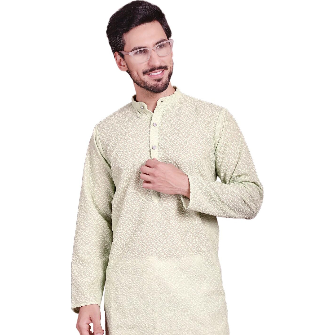 Jompers Men's Chikankari Embroider Kurtas (Pista, L)
