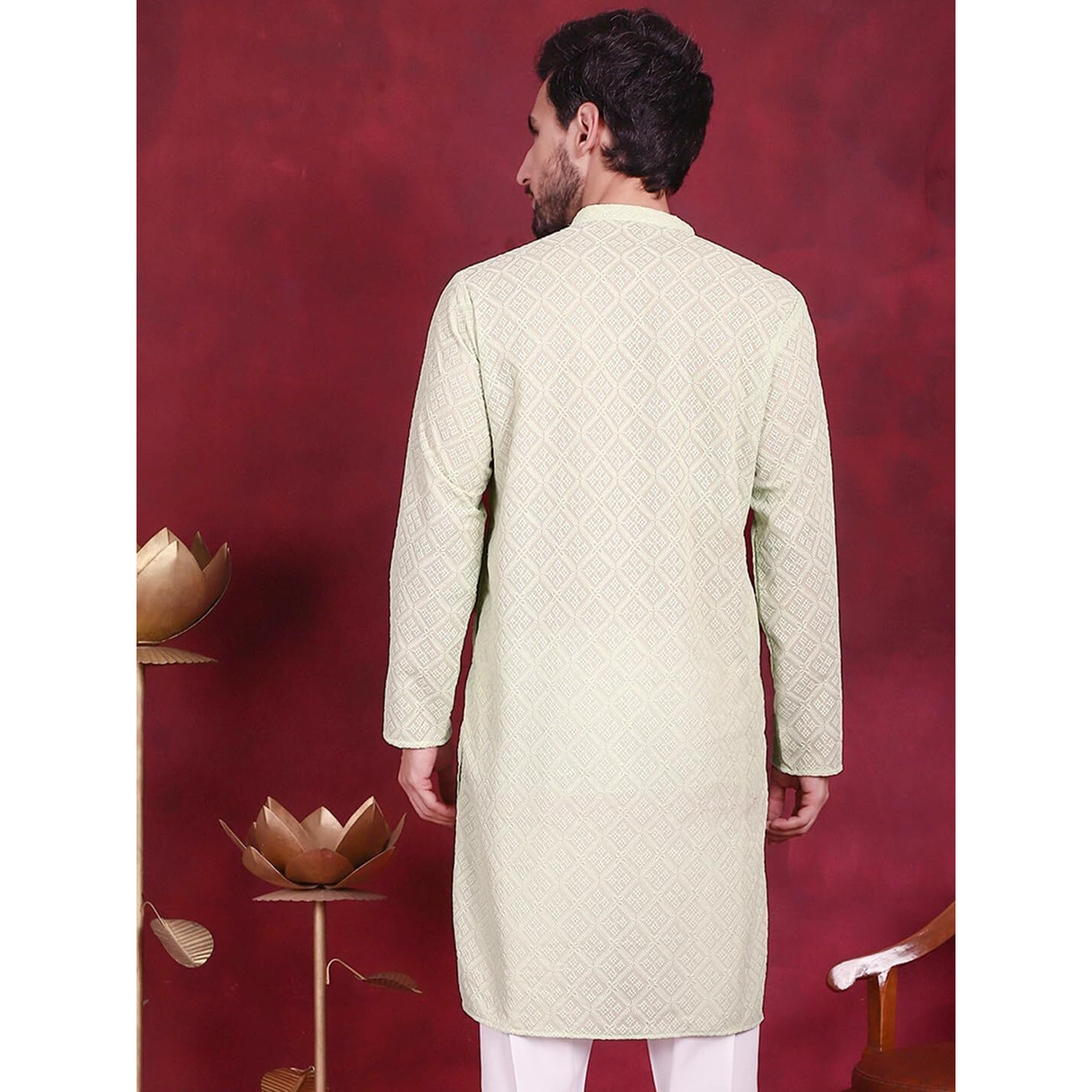 Jompers Men's Chikankari Embroider Kurtas (Pista, L)