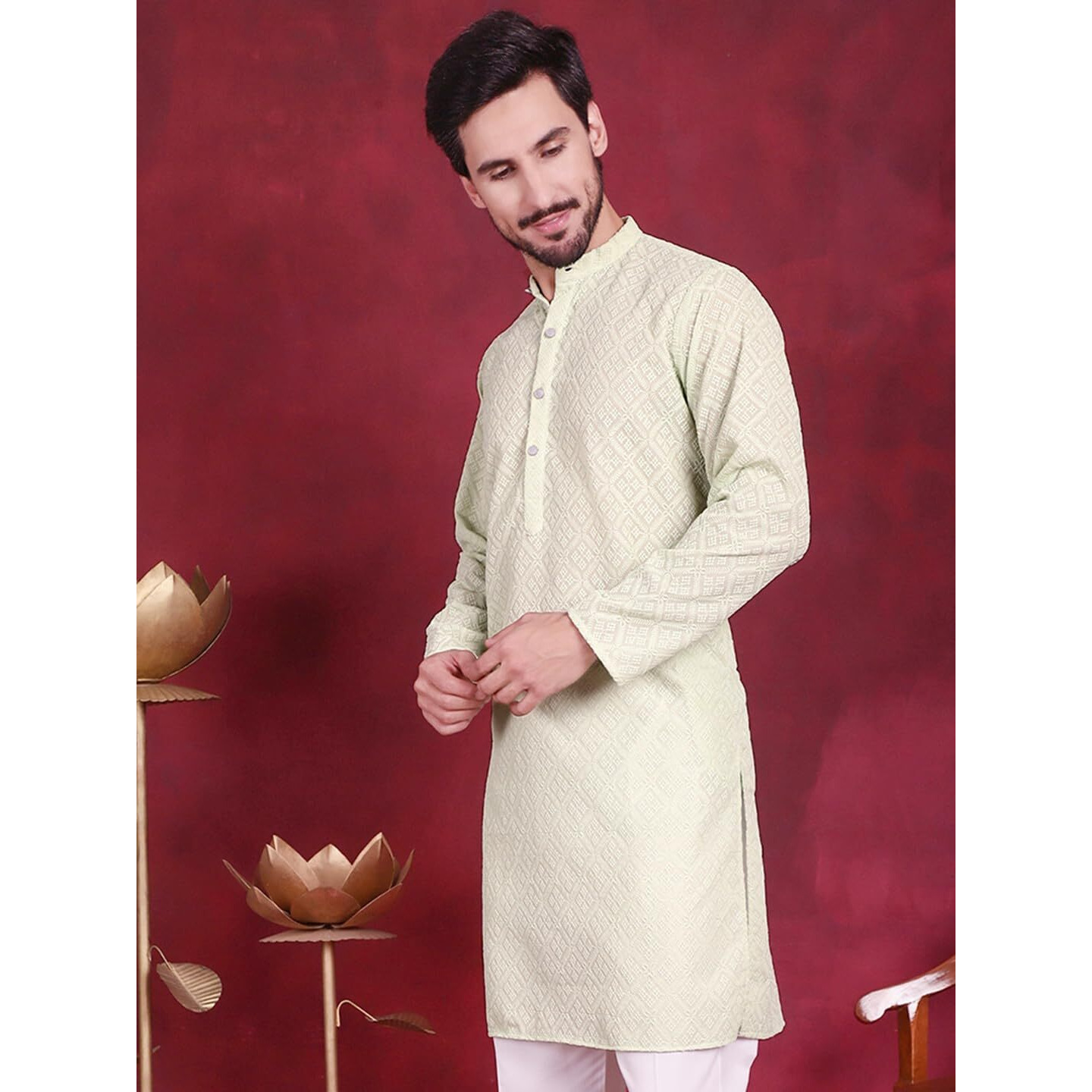 Jompers Men's Chikankari Embroider Kurtas (Pista, L)