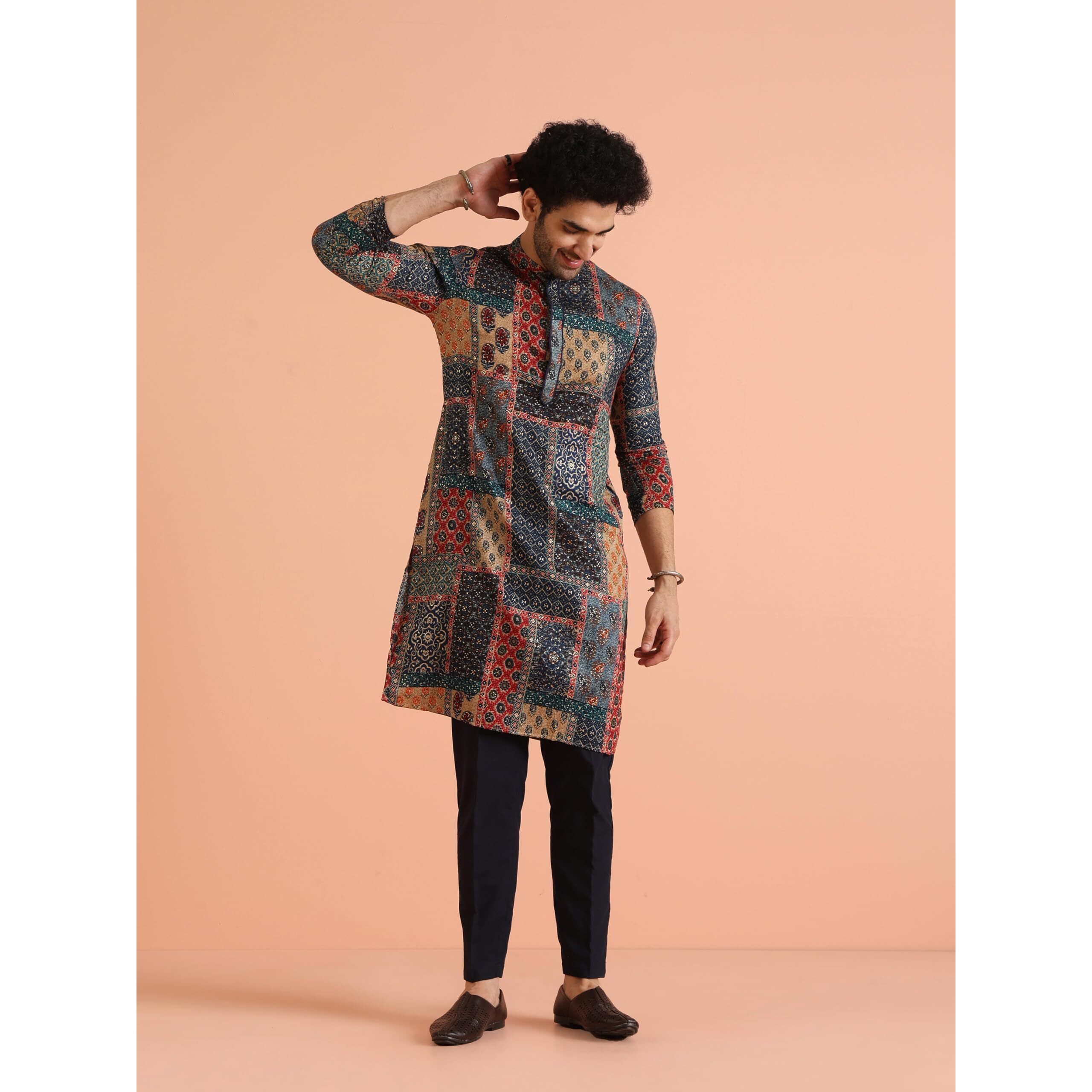 Kisah Mens Printed Cotton Blend Kurta - Traditional Ethnic Wear Kurta For Men For Weddings & Festivals, Multi-Color3, 36