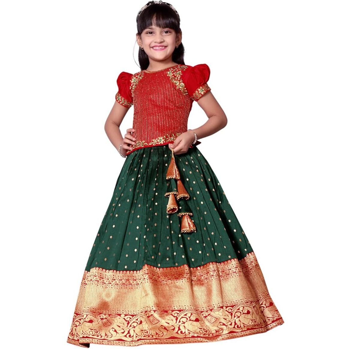 White Button New Latest Girl's Pattu Pavadai Readymade Lehenga Choli For Girls Dress