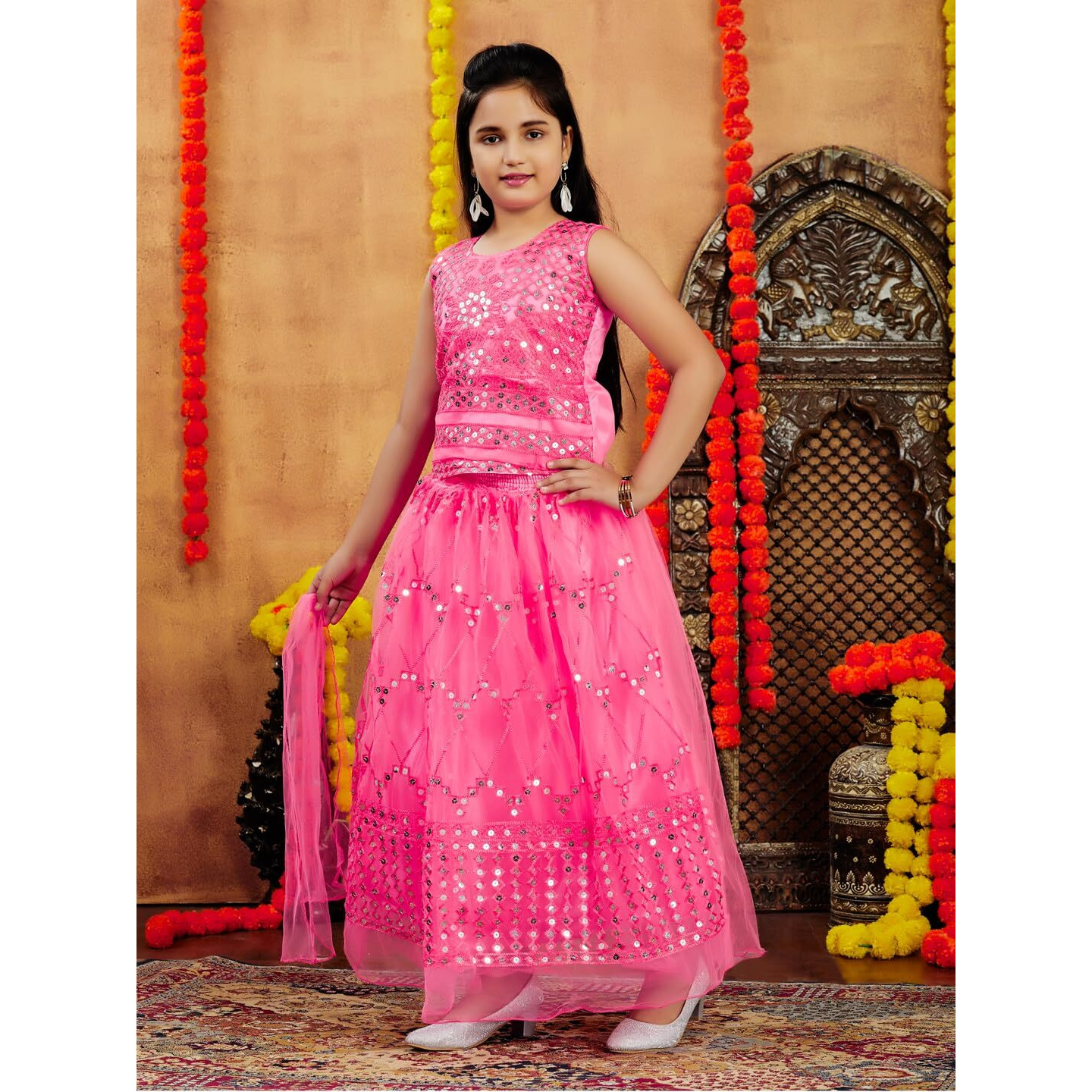 Aarika Girls Ethnic Wear Turquoise Colour Gajri Thread Embroidery Net Lehenga Choli Set (4-10 Years)