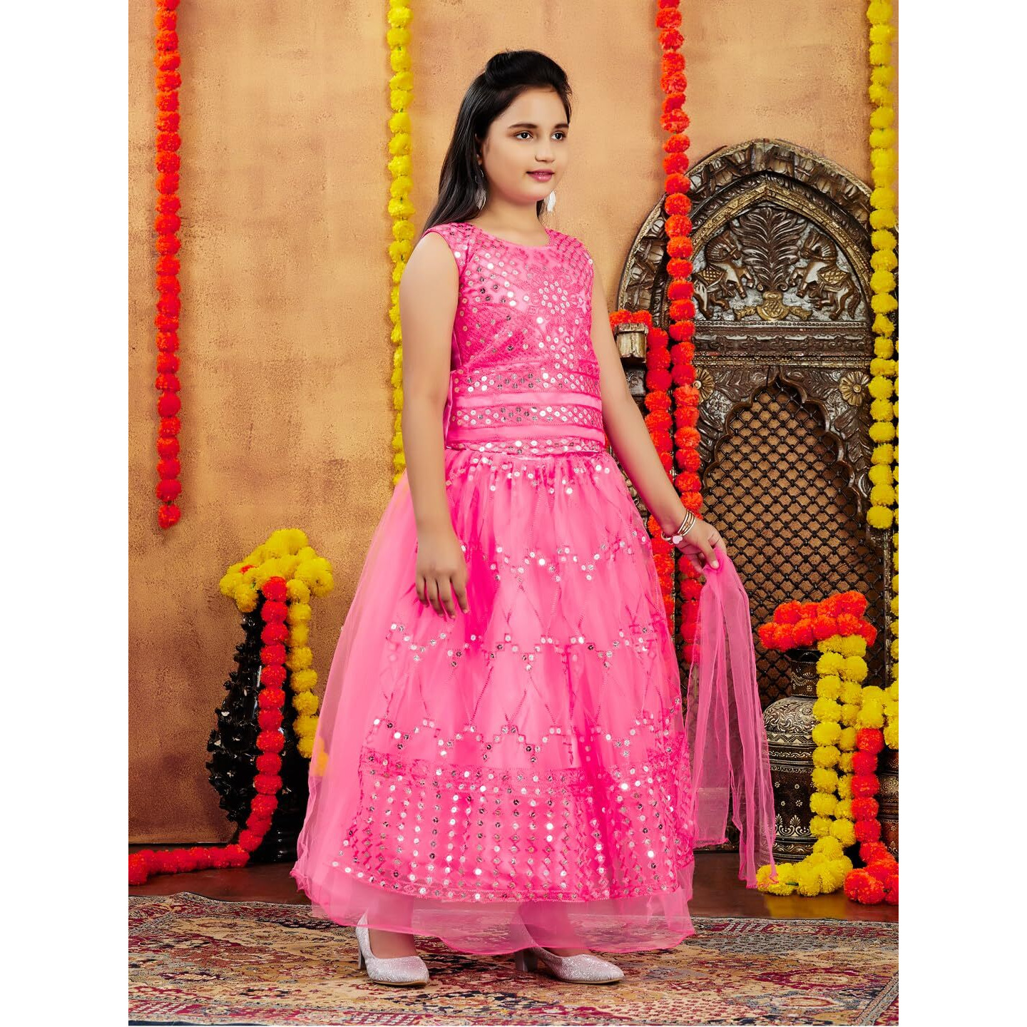 Aarika Girls Ethnic Wear Turquoise Colour Gajri Thread Embroidery Net Lehenga Choli Set (4-10 Years)