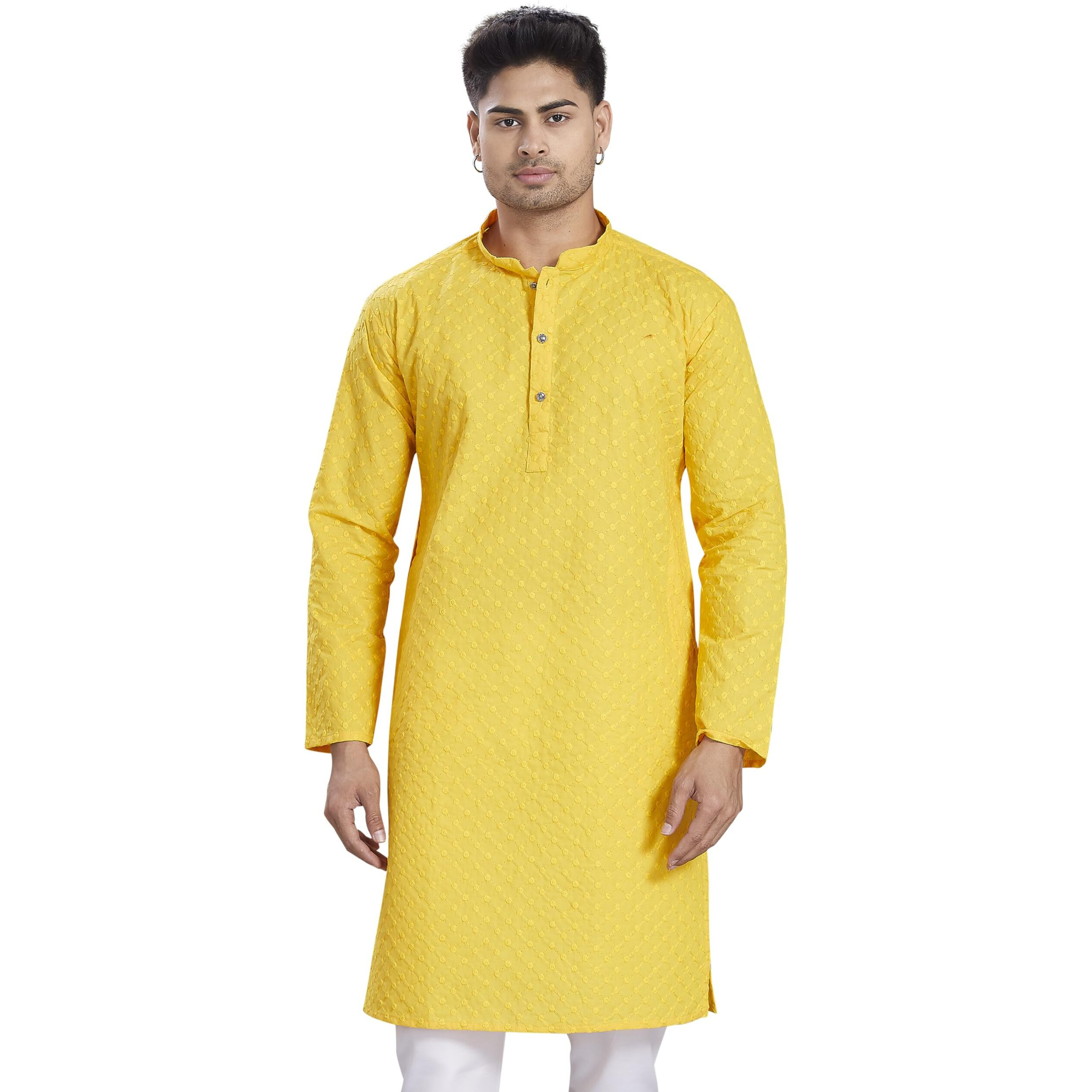 Divisive Men's Thread Embroidered Cotton Only Slim Fit Kurta (Dkrt638_M_Yellow)
