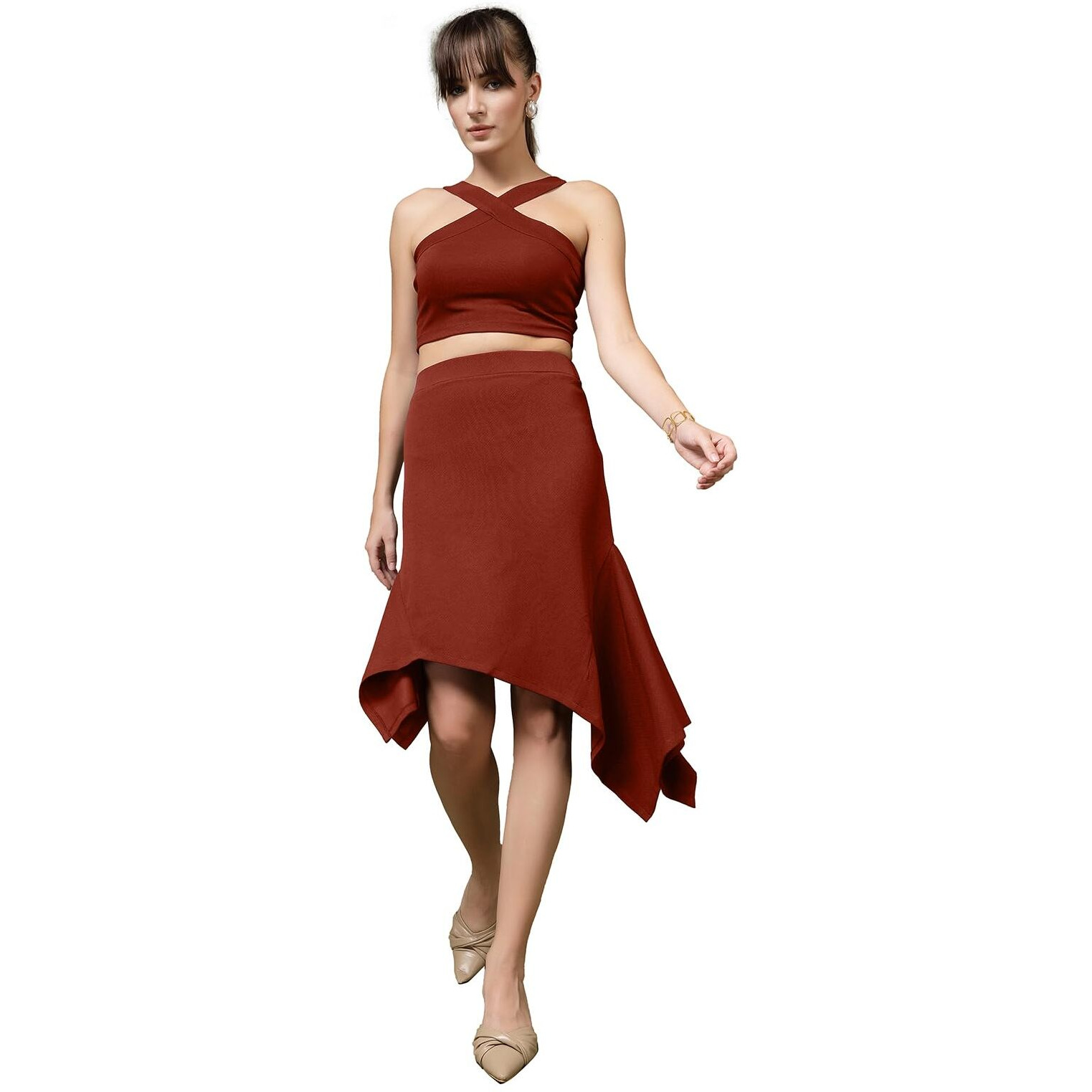 Oomph Stretchable Lycra Coord Tube Top And A-Line Skirt Set For Women, Brown - Coord_Mt952Msk237